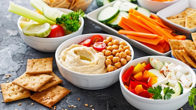 A table set with a variety of nutritious snacks such as hummus sliced veggies and whole grain crackers ideal for mindful eating and maintaining a healthy lifestyle