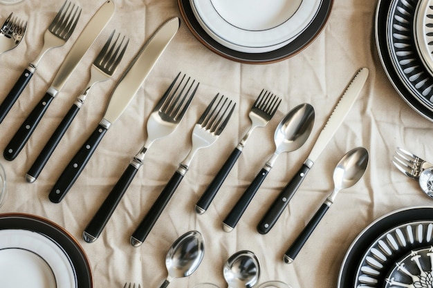 Photo table set with various silverware including forks knives and spoons