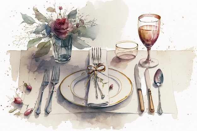 Table setting drawing with bit of watercolour generative ai