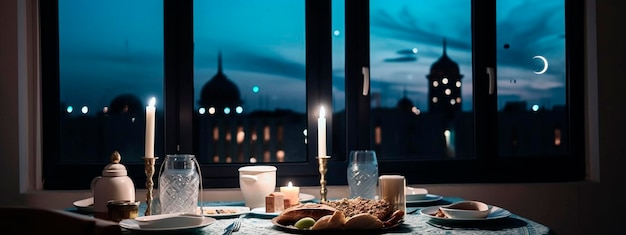 Table setting for iftar in Ramadan with food table near the window from the window you can see the mosque and the young moon Generative AI