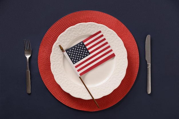 Table setting for Independence Day on blue