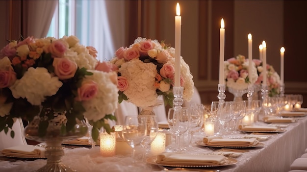 Table setting in luxury wedding and Beautiful flowers with generative ai