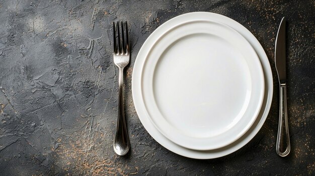 Photo table setting for one person a plate and a knife with a fork lie on the table top view