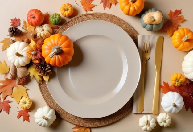 A table setting for Thanksgiving with fall decorations and a white pumpkin centerpiece