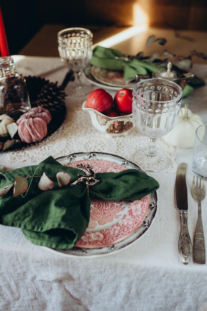 table setting in vintage style on a dark background festive luxury dinner