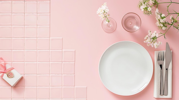 Photo table setting with blank card and cutlery on pink tile background