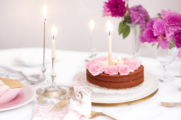 Table setting with a cake and a candle in the background