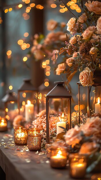 Photo a table setting with candles and flowers