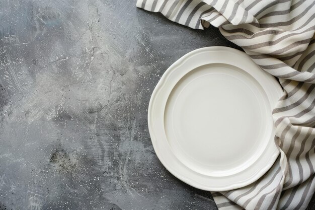 Photo table setting with empty white plate and striped linen napkin on grey concrete background template