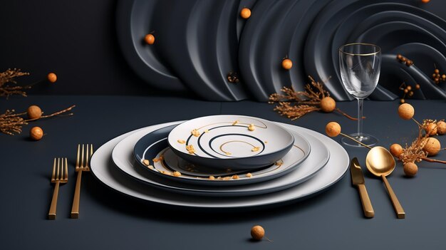 a table setting with gold and black plates and silverware