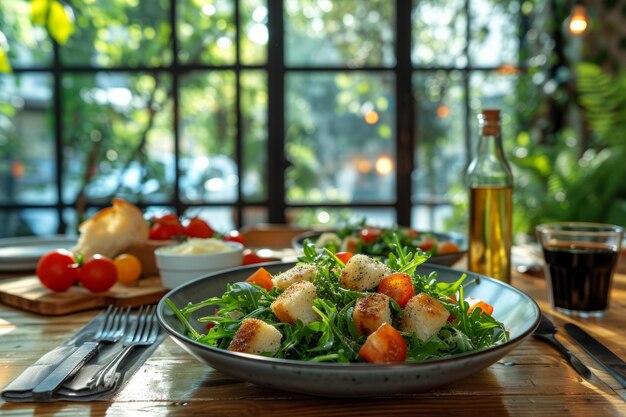 Table setting with plates glasses and cutlery in a cozy italian gourmet restaurant a plate of