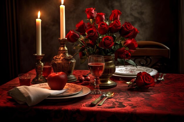 A table setting with red roses and a candle