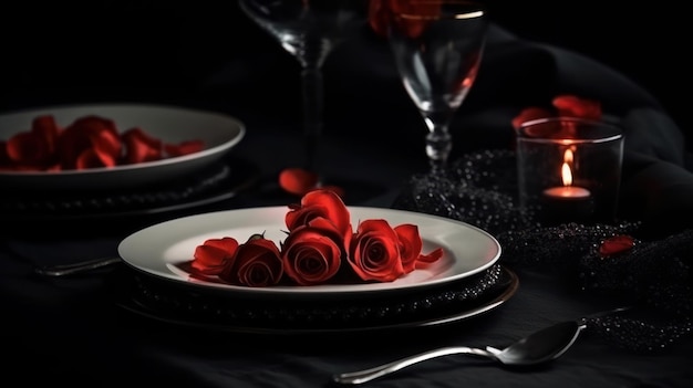 A table setting with red roses on it