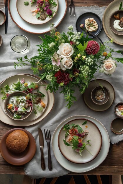 Photo table setting with white tablecloth plates bowls silverware floral arrangement centerpiece