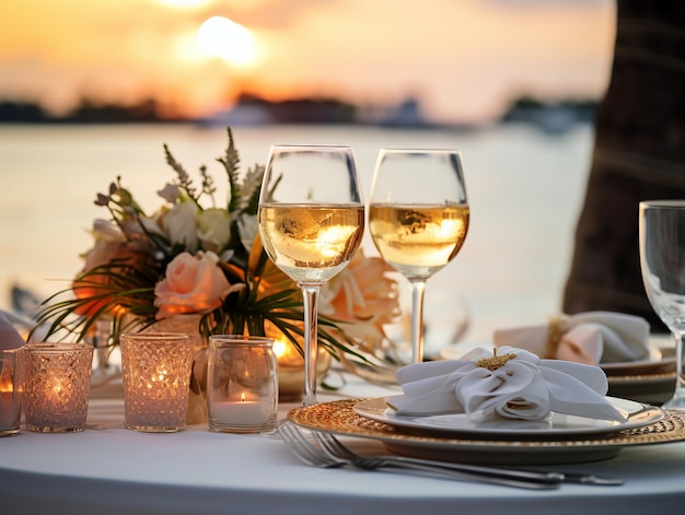 table setting with wine glasses and candles on a table