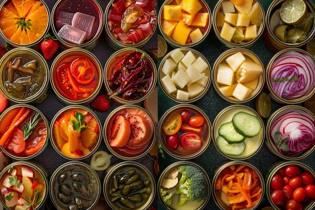 A table showcasing an assortment of different types of food including canned fruit and various other items A collage featuring different types of canned fruits and vegetables