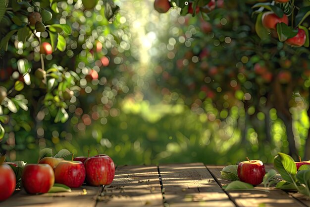 Photo table space and apple garden of trees and fruits