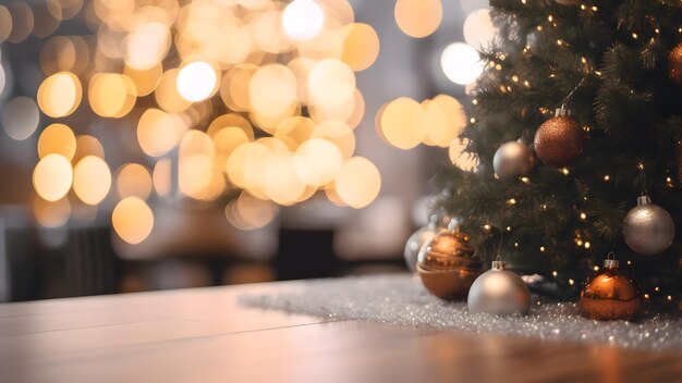 Table space in front of defocused christmas tree