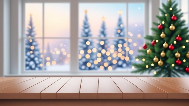 Table space in front of defocused window sill with Christmas tree