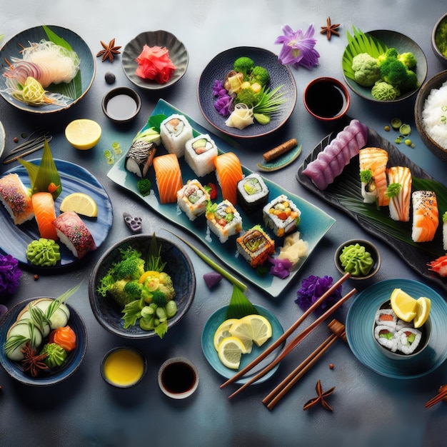 Table of sushi and Japaneseinspired dishes