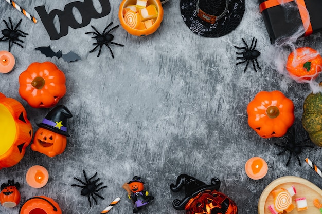 Table top view aerial image of decoration Happy Halloween day background 