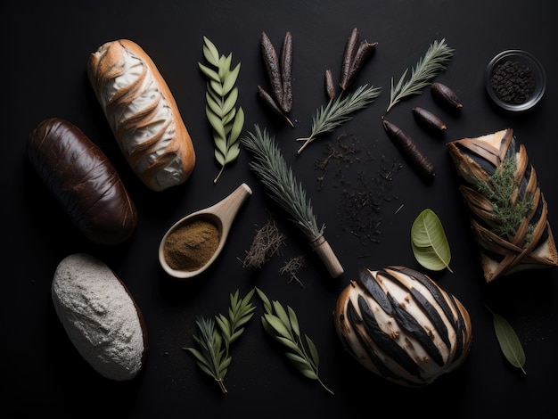 Table top view of delicious bread on black background ai generative