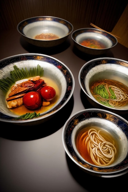 A Table Topped With Bowls Filled With Different Types Of Food