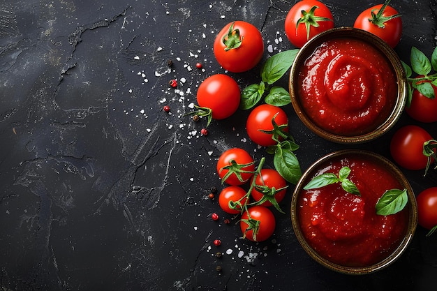 A table topped with bowls of tomato sauce and fresh tomatoes on top of it with basil leaves and