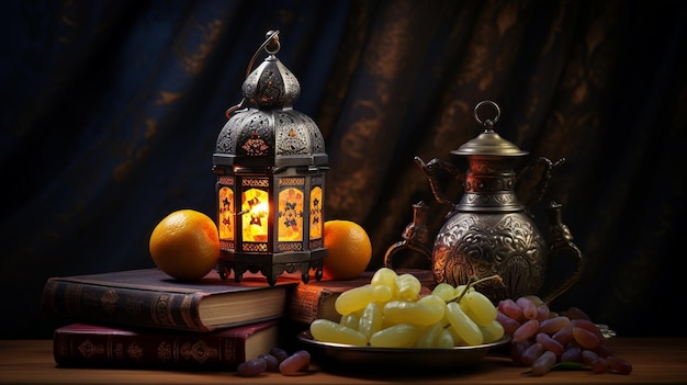 A table topped with holy quran and fruits plate and an Islamic lamp