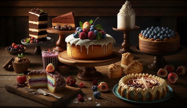 A table topped with lots of different types of cakes and pastries on top of it's sides and a vase filled with flowers