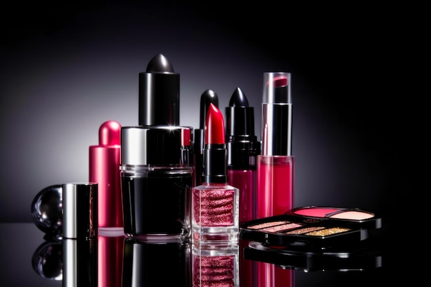 Table topped with lots of different types of lipstick and other makeup products Generative AI