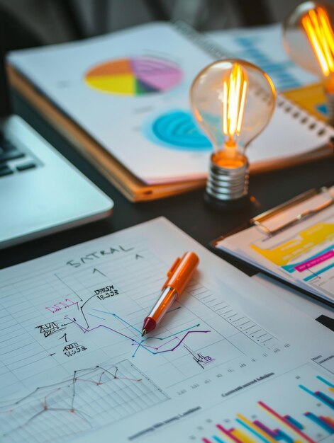 A table topped with notebooks and a glowing light bulb symbolizing a surge of creativity and inspira