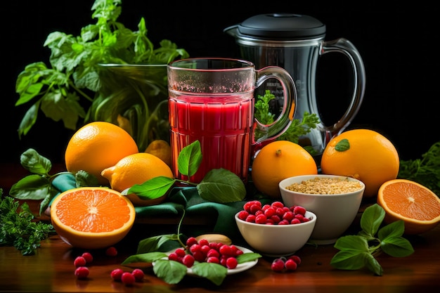 Table topped with oranges cranberries and pitcher of juice Generative AI