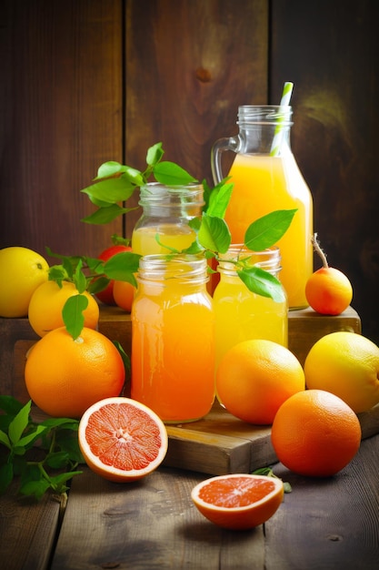 Table topped with oranges and jars filled with orange juice next to grapefruits Generative AI