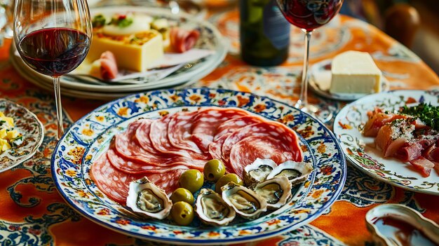 Photo a table topped with plates of food and glasses of wine