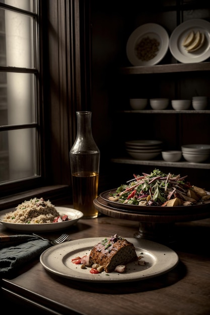 A Table Topped With Plates Of Food Next To A Window