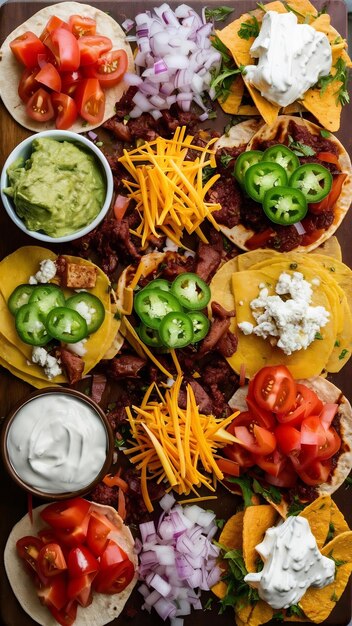 Photo table of toppings for tacos and nachos