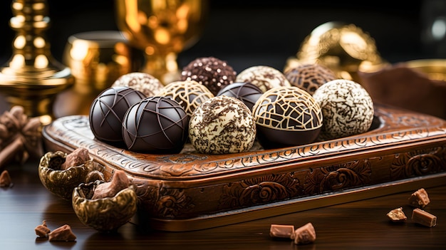 Table with an assortment of premium chocolates White chocolate dark chocolate and milk chocolate World Chocolate Day