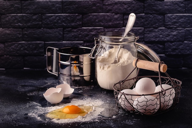 Table with baking products and tools