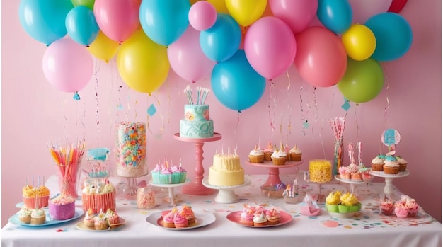 a table with balloons cake and balloons on it