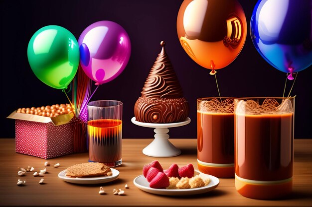 A table with balloons and a cake on it