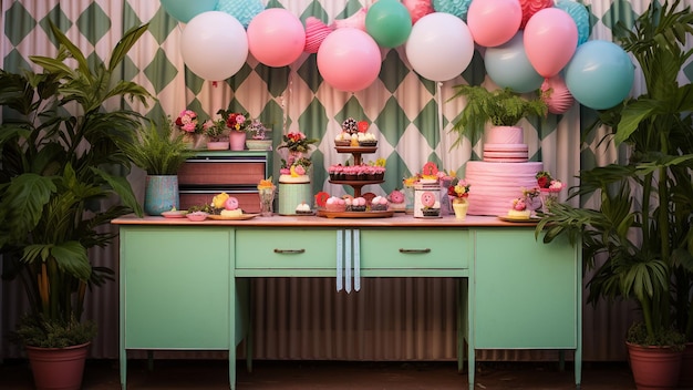 a table with balloons on it and a table with a pot of flowers