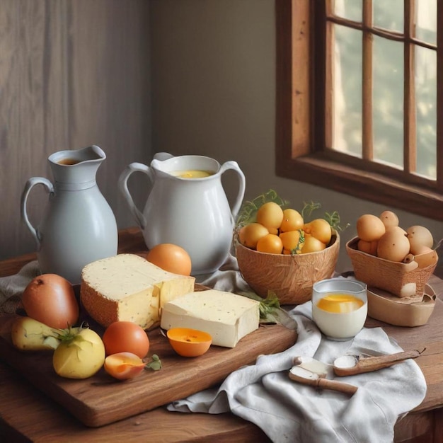 Photo a table with a basket of bread and some eggs on it