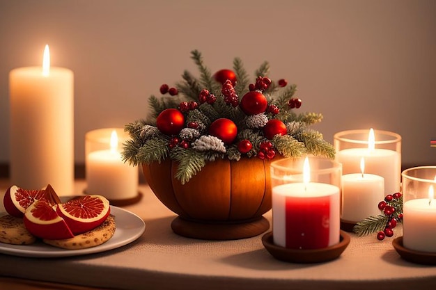 a table with a basket of christmas decorations and a candle