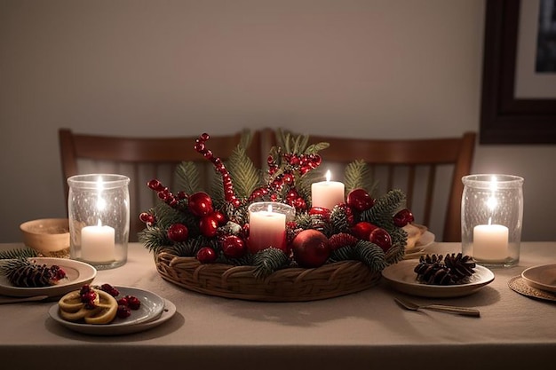 a table with a basket of fruit and a candle that says quot pomegranate quot