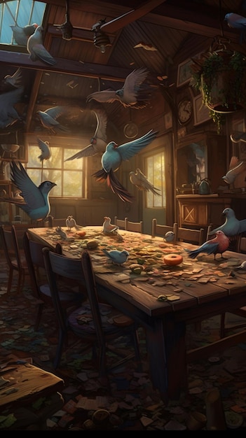 A table with birds flying around it