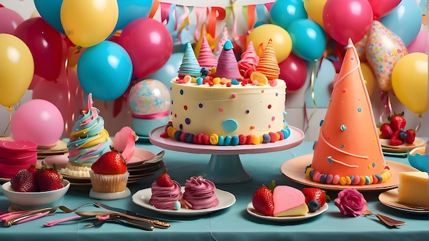 a table with a birthday cake and cupcakes on it