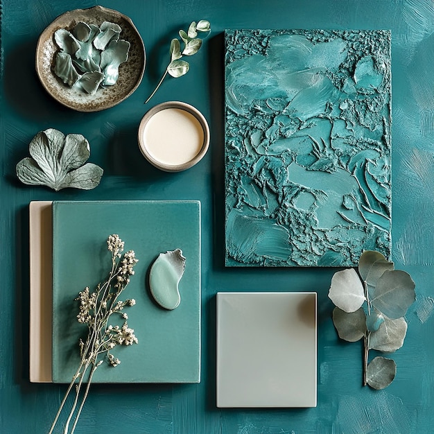 a table with a blue background with a green plant and a bowl of cream