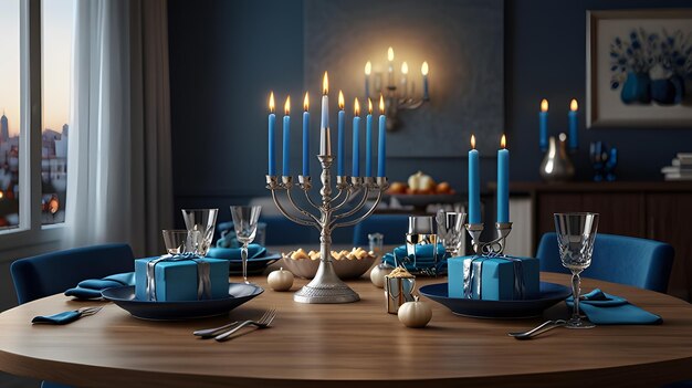 a table with a blue menorah and candles on it