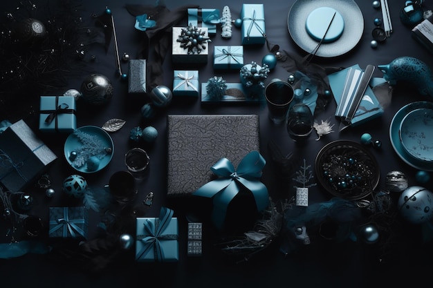 A table with a blue tablecloth and presents on it.